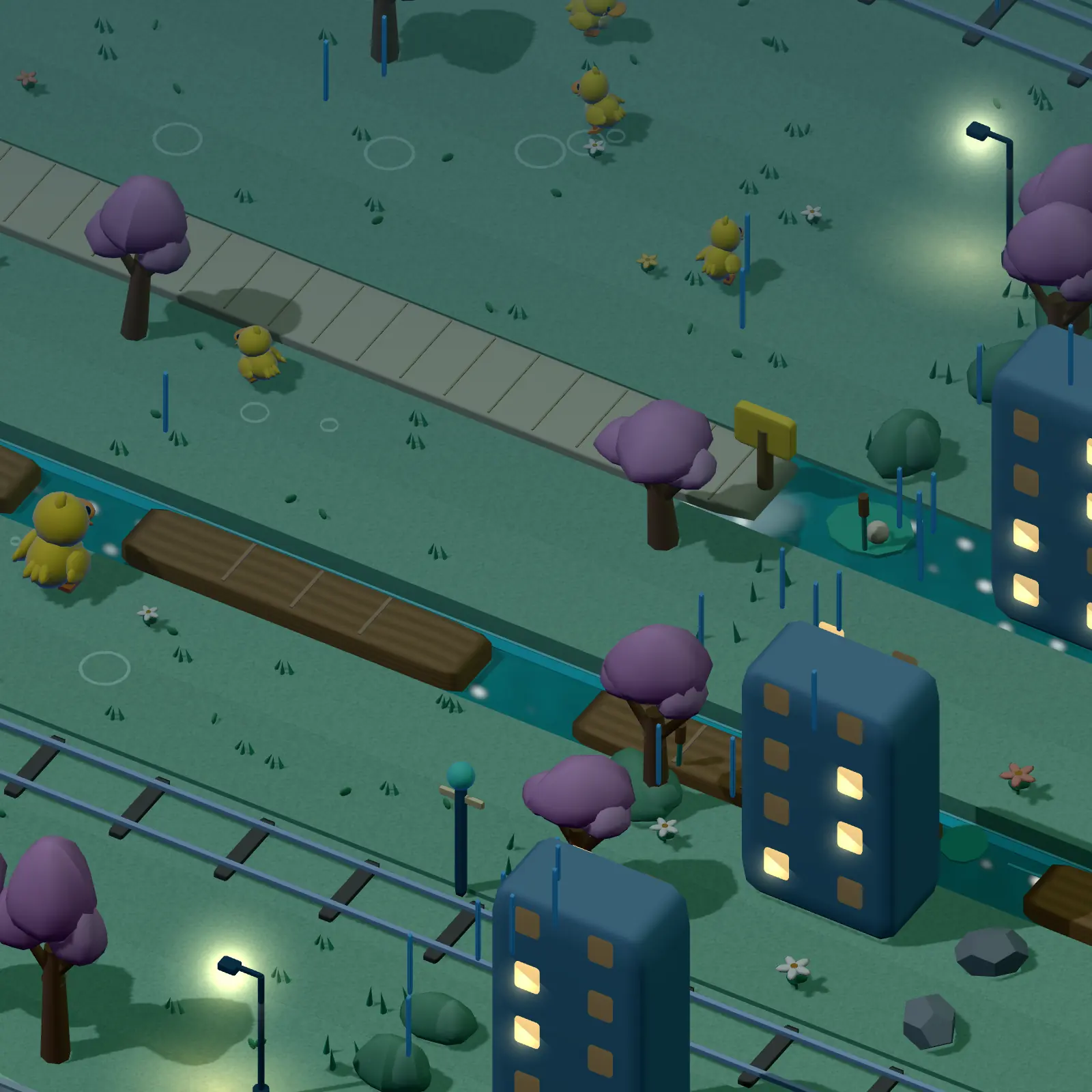 Rainy City at night with lit windows and headlights