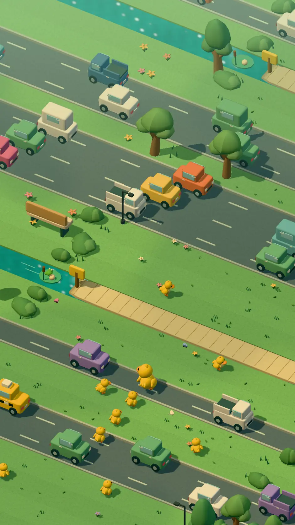 Run Ducky Run gameplay: a duck and its ducklings by a busy road